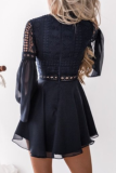 Elegant Solid Lace Hollowed Out Pocket V Neck Waist Skirt Dresses