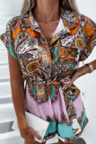 Fashion Print Patchwork Turndown Collar Straight Rompers