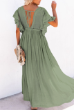 Casual Solid Patchwork V Neck Cake Skirt Dresses
