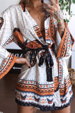 Casual Print Patchwork V Neck Cake Skirt Dresses