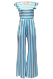 Fashion Striped Flounce Half A Turtleneck Straight Jumpsuits