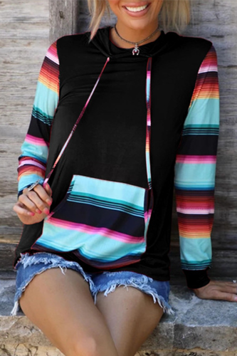 Casual Print Draw String Pocket Hooded Collar Tops