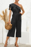 Fashion Casual Striped Patchwork One Shoulder Loose Jumpsuits