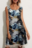 Vintage Print Tassel Square Collar Straight Dresses