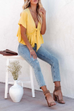 Casual Solid Bandage V Neck T-Shirts