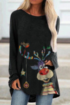 Casual Print Patchwork O Neck Tops