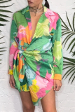 Fashion Print Patchwork Turndown Collar Waist Skirt Dresses