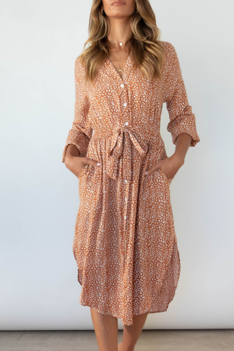 Casual Print Frenulum Buckle V Neck Irregular Dress Dresses