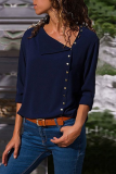 Casual Solid Buckle O Neck Tops