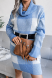 Casual Plaid Patchwork Contrast Turtleneck Pencil Skirt Dresses Sweater (Without Belt)