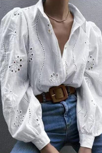 Fashion Street Solid Embroidered Turndown Collar Tops