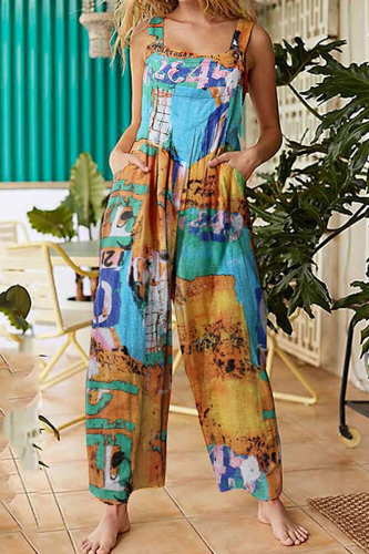 Casual Print Patchwork Pocket Square Collar Straight Jumpsuits