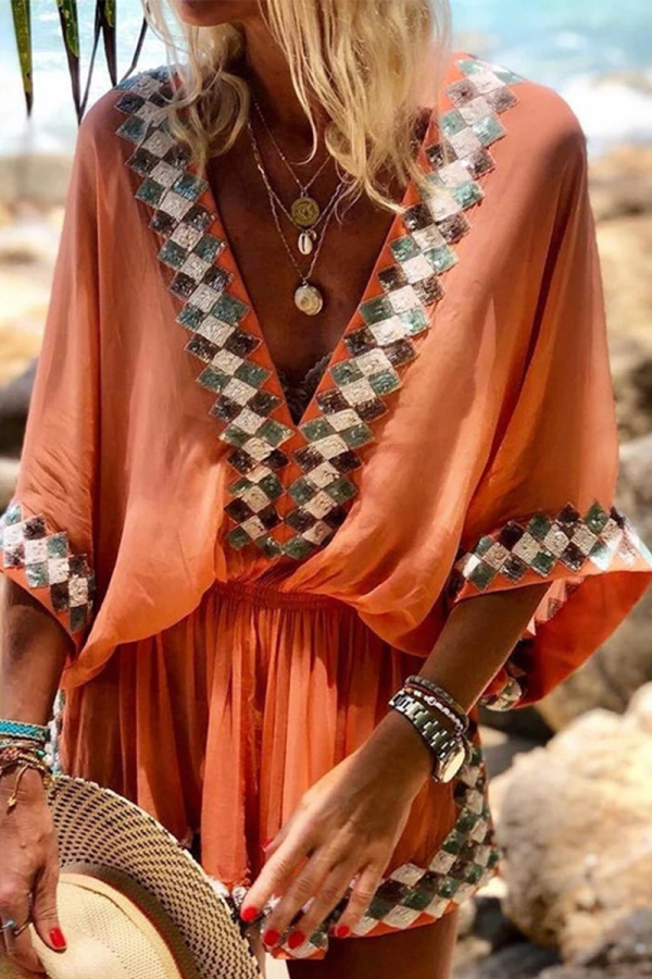 Casual Solid Patchwork V Neck Straight Rompers