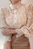 Elegant Patchwork Lace Hollowed Out Buckle Mandarin Collar Tops