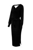 Casual Elegant Solid Backless Slit Strap Design V Neck Pencil Skirt Dresses