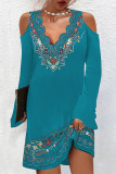 Fashion Casual National Totem Printing V Neck One Step Skirt Dresses