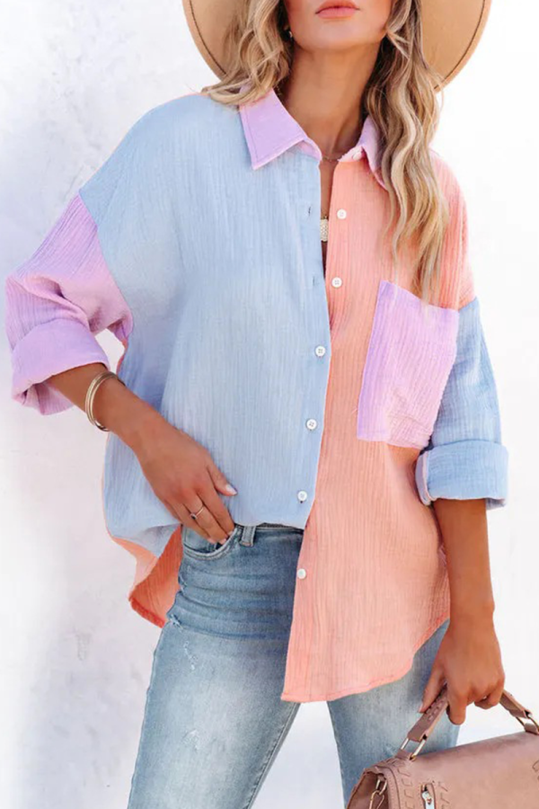 Casual Solid Patchwork Turndown Collar Tops