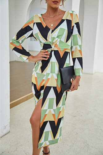 Fashion Elegant Print Patchwork Slit V Neck Dresses