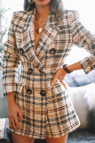 Fashion Elegant Plaid Patchwork Buckle Turn-back Collar Outerwear