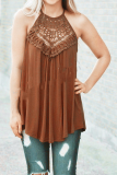 Casual Solid Lace O Neck Tops