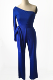 Casual Solid Patchwork One Shoulder Regular Jumpsuits