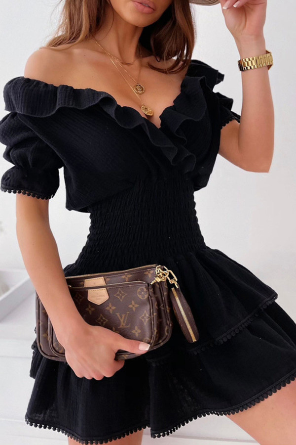 Fashion British Style Solid Patchwork V Neck Waist Skirt Dresses