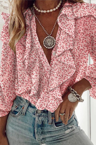 Fashion Print Flounce V Neck Tops