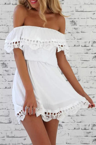 Casual Solid Patchwork Off the Shoulder Cake Skirt Dresses