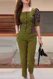 Fashion Leopard Patchwork Square Collar Short Sleeve Two Pieces