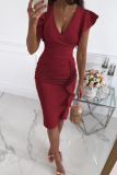 Casual Solid Patchwork V Neck Pencil Skirt Dresses