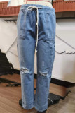 Street Solid Ripped Frenulum Straight Denim Jeans