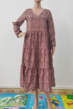 Casual Print Patchwork V Neck Cake Skirt Dresses