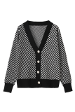 Casual Striped Patchwork Buckle V Neck Outerwear Sweater