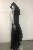 Fashion Solid Flounce V Neck Cake Skirt Dresses