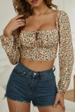 Street Vintage Floral Frenulum Fold Square Collar Tops