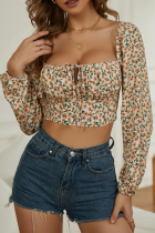 Street Vintage Floral Frenulum Fold Square Collar Tops