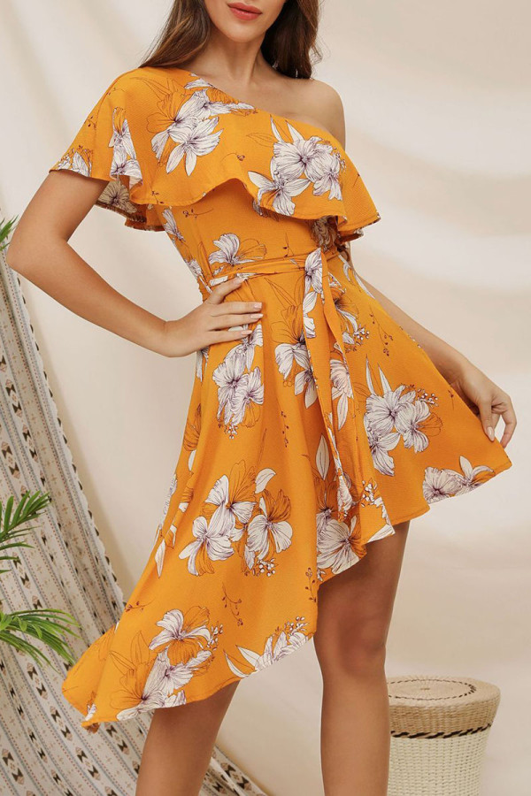 Fashion Street Print Patchwork One Shoulder Irregular Dresses