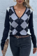 Casual Plaid Patchwork Buckle V Neck Tops