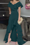 Fashion Solid Flounce V Neck Cake Skirt Dresses