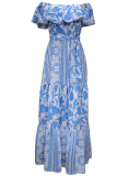 Casual Print Patchwork Off the Shoulder Cake Skirt Dresses