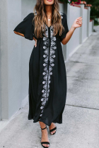Casual Print Patchwork V Neck Cake Skirt Dresses