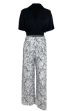 Casual Print Patchwork V Neck Half Sleeve Two Pieces