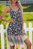 Fashion Street Print Patchwork V Neck A Line Dresses