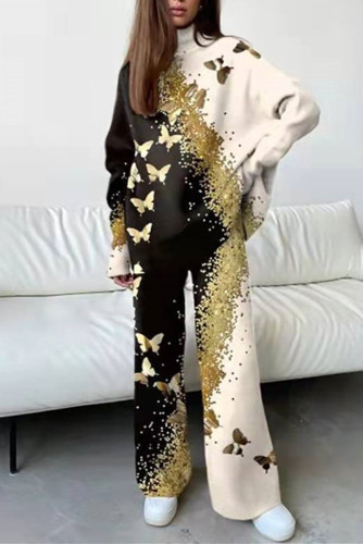 Casual Print Patchwork Turtleneck Long Sleeve Two Pieces