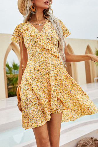 Fashion Street Print Patchwork V Neck Irregular Dress Dresses