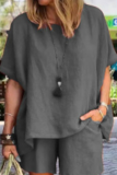 Casual Solid Patchwork O Neck Short Sleeve Two Pieces