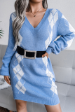 Casual Geometric Patchwork Contrast V Neck Dresses Sweater (Without Belt)