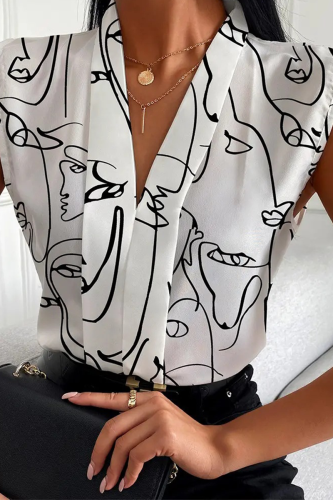Fashion Print Patchwork Turndown Collar Tops