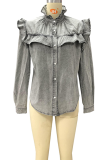 Casual Solid Buckle Flounce Mandarin Collar Tops