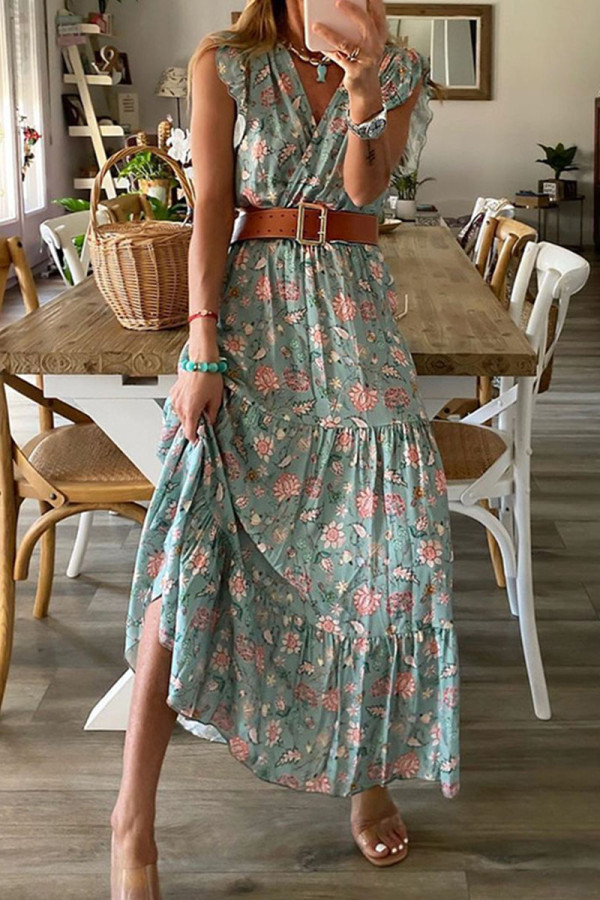 Fashion Street Print Patchwork V Neck A Line Dresses